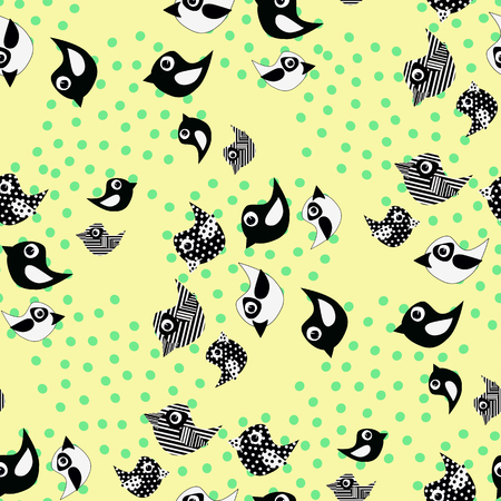 Black and white birds in a cartoon style on a yellow background.のイラスト素材
