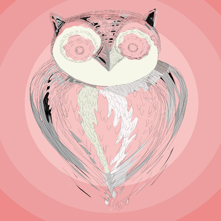 Black and white drawing of an owl on a pink background. Ready-shirt printing.のイラスト素材