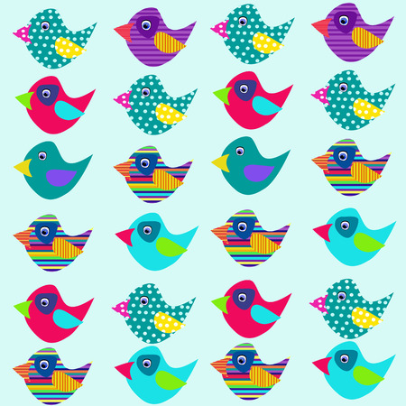 Cheerful seamless background in cartoon style. Project for textiles. Wallpaper for the nursery. Colorful funny birds.のイラスト素材