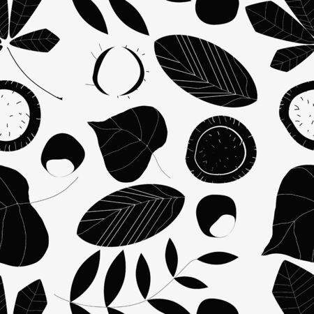 Black and white composition of leaves and chestnuts. Seamless. The finished composition for textile design. Wrapping paper, wallpaper.のイラスト素材