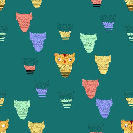 Colorful owls on a green background.Seamless.のイラスト素材