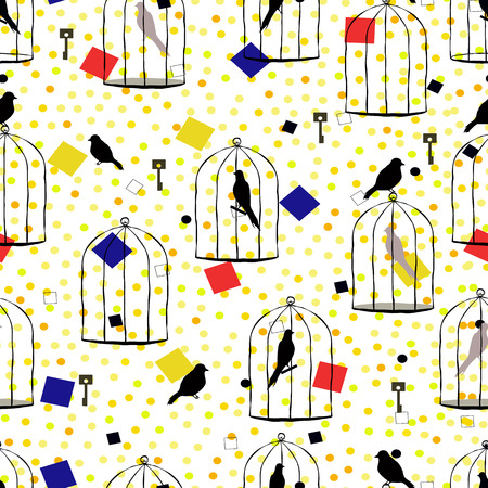 Birds and cells, black and white drawing on a light background. Seamless.のイラスト素材