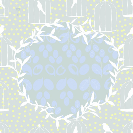 Delicate background with birds and leaves in light blue colors. Seamless.のイラスト素材