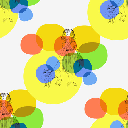 Graphic figure girl with cat and colored spots.の写真素材