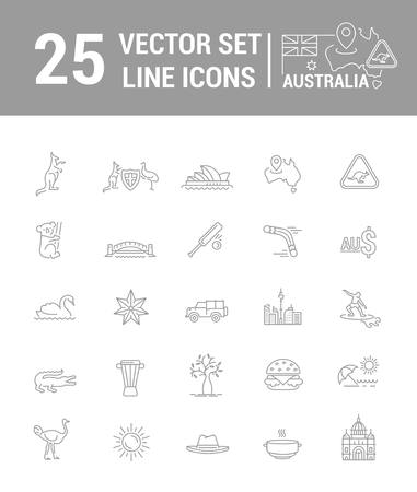 Vector graphic set. Silhouette, logo, icon. Australian continent. Linear, flat, contour, thin. App, Web site template. Concept Australian culture, animals, traditions. Sign, element, emblem, symbol.のイラスト素材
