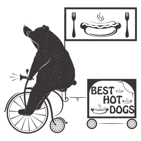 Bear on a retro bike selling hot dogsのイラスト素材