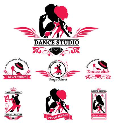 Set logo of dancing couple. Dancer tango illustrations. Dancing people set. The character set for tango. Use for tango studio poster, flayer, web-sites. Tango inscription.のイラスト素材