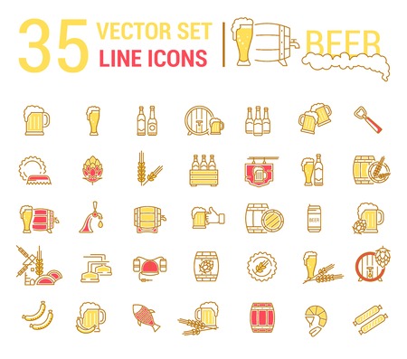 Vector set on the subject of beer and brewing in a linear design. The elements of brewing, the image of glasses and barrels of beer.のイラスト素材
