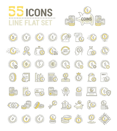 Vector graphic set. 40x40 pixels. Editable stroke size. Flat, contour, thin, linear design. Coins, money, currency. Simple isolated icons. Concept web site illustration, app Sign, symbol, element.のイラスト素材