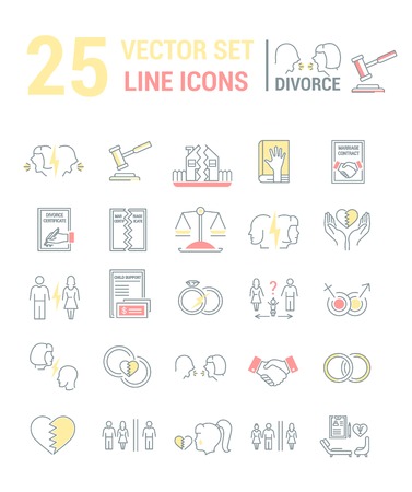 Vector set of icons in a linear design on the subject of divorce and the legal process. The set of elements on the subject of property division, child custody, alimony, infidelity, lawsuits and divorce. template for your website or advertising.のイラスト素材