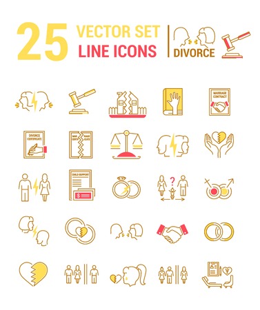 Vector set of icons in a linear design on the subject of divorce and the legal process. The set of elements on the subject of property division, child custody, alimony, infidelity, lawsuits and divorce. template for your website or advertising.のイラスト素材