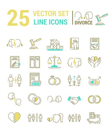 Vector set of icons in a linear design on the subject of divorce and the legal process. The set of elements on the subject of property division, child custody, alimony, infidelity, lawsuits and divorce. template for your website or advertising.のイラスト素材