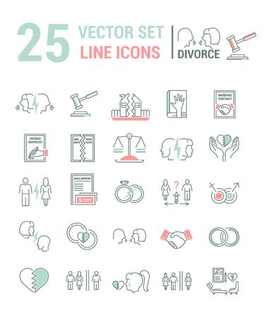 Vector set of icons in a linear design on the subject of divorce and the legal process. The set of elements on the subject of property division, child custody, alimony, infidelity, lawsuits and divorce. template for your website or advertising.のイラスト素材