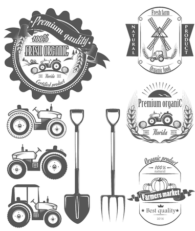 A set of logos,labels, stamps, badges for organic food. Vector illustration of Healthy food. collection of symbols for farm, ranchのイラスト素材