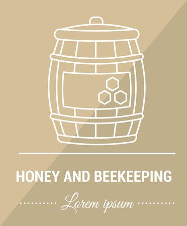 Vector image of a wooden barrel with honey in a linear design on vintage backgroundのイラスト素材