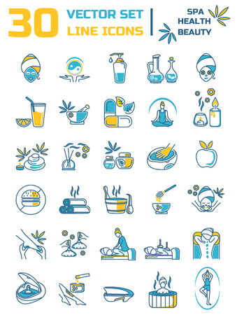Set of linear icons on the topic of health, beauty, Spa therapy, relaxation. Set of silhouettes of Spa treatments.のイラスト素材