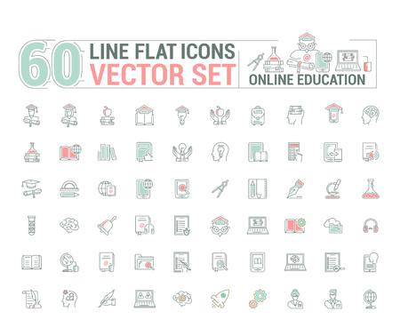 Vector graphics set. Online education. Distance learning. Internet training student. Concept home schooling in inear, contour, thin, flat, design. Element, emblem, symbol, icon, sign, for web site.のイラスト素材