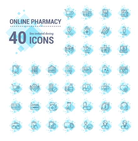 Vector graphic set.Icons in flat, contour,thin, minimal and linear design.Online pharmacy shopping.Mobile medical advice.Simple isolated icon.Concept illustration for Web site app.Sign,symbol,element.のイラスト素材