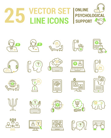 Set vector line icons in flat design with Online psychological support elementsのイラスト素材