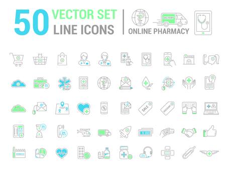 Vector graphic set. Silhouette, logo, icon. Online pharmacy, Internet drug store.Medical equipment in linear, flat, contour, thin design. App, Web site template, infographic.のイラスト素材