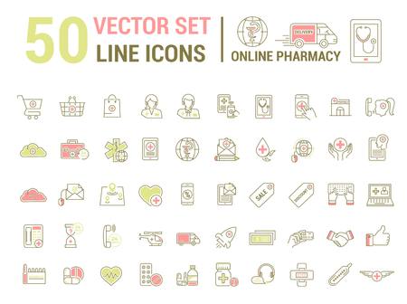 Vector graphic set. Silhouette, logo, icon. Online pharmacy, Internet drug store.Medical equipment in linear, flat, contour, thin design. App, Web site template, infographic.のイラスト素材