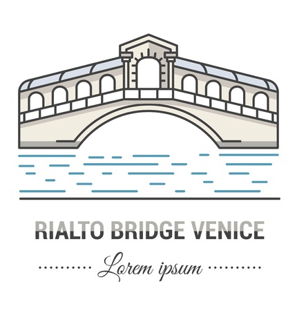 Color illustrations and flat linear design. Templates, logo and mark of Rialto bridge in venice with vintage elements. Easy to use business. Vector abstract logo or emblem.のイラスト素材