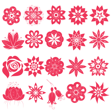 Vector collection of pink flowers silhouettes isolated on white backgroundのイラスト素材