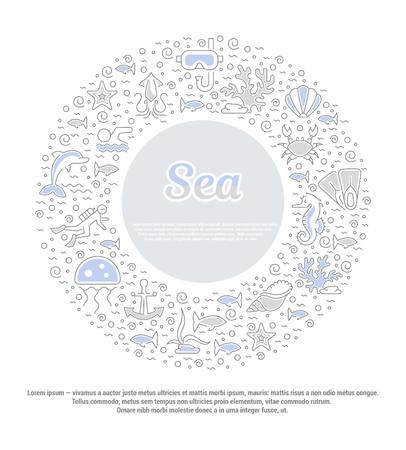 Vector graphic set.Isolated Icons in flat, contour, thin, minimal and linear desine.Sea and ocean.Flora and fauna of underwater world. Cruise.Concept illustration for Web site.Sign,symbol, element.のイラスト素材