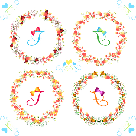 Floral Frame Collection. Set of cute retro flowers arranged un a shape of the wreath perfect for birthday cards and wedding invitationsのイラスト素材