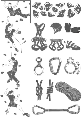 The set of attributes of equipment for climbing, silhouettes the figures of the climbers.Collection of objects for sport competitions of the championship. Set for school and training center.のイラスト素材
