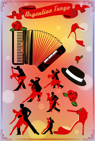 Set the logo of the dancing couple isolate on the colored background. Dancers illustrations. Dancing people set. Tango. Dancing couple vector illustration. The character set for tangoのイラスト素材
