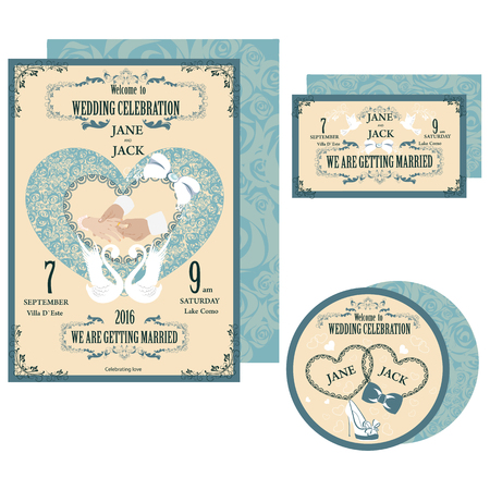 Vector illustration of wedding cards. A set of invitations for your wedding.のイラスト素材
