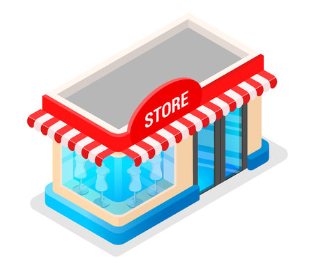 Concept of a modern graphic vector trade building for web design online store, application and other of your project. Shop construction. Isometry and 3d design. Store model with purchases and goods.のイラスト素材