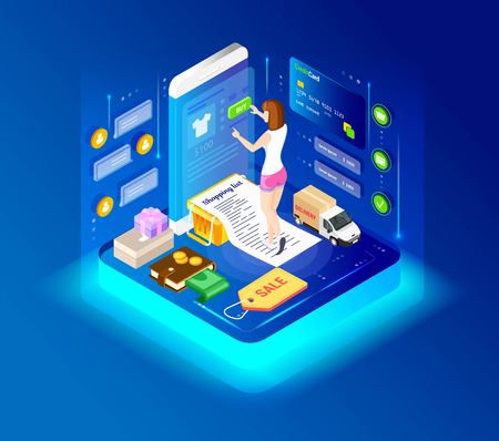 Concept of a modern graphic vector banner, for web design online store and application. E-commerce. Isometry and 3d design. Shopping cart wiht purchases and goods.のイラスト素材