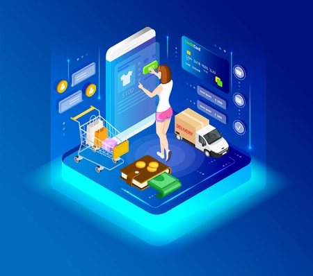 Concept of a modern graphic vector banner, for web design online store and application. E-commerce. Isometry and 3d design. Shopping cart wiht purchases and goods.のイラスト素材