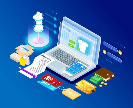 Concept of a modern graphic vector banner, for web design online store and application. E-commerce. Isometry and 3d design. Shopping, purchases and goods.のイラスト素材