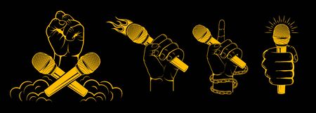 Set, collection. Hands holding a microphone. Design element for printing.のイラスト素材