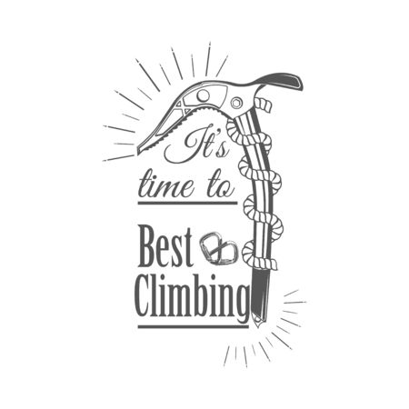 Rock climbing label. Climbing equipment - ice ax. Sport, activity, open air lifestyle. Active lifestyle symbol, emblem, element, print.のイラスト素材