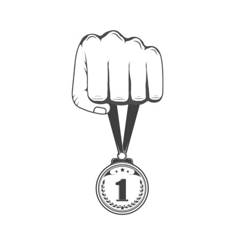 Hand holding a medal. Prize, reward for victory. Graphic objectのイラスト素材