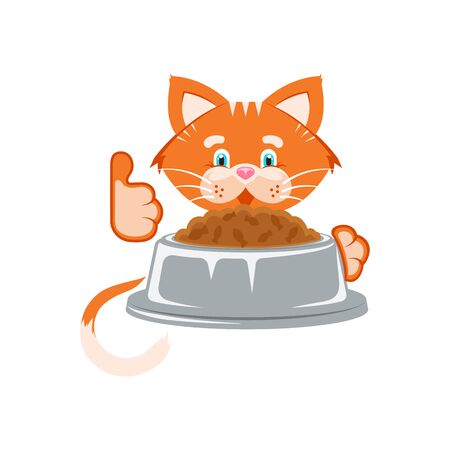 Vector illustration. Orange cat bowl with food and a spoon.のイラスト素材