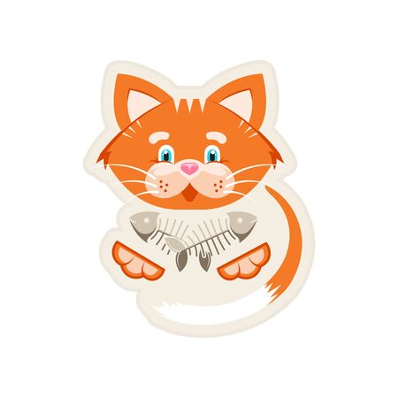 Vector illustration. Sticker. Orange funny cat with fish bone.のイラスト素材