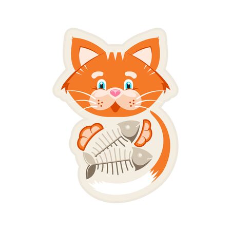 Vector illustration. Sticker. Orange funny cat with fish bone.のイラスト素材