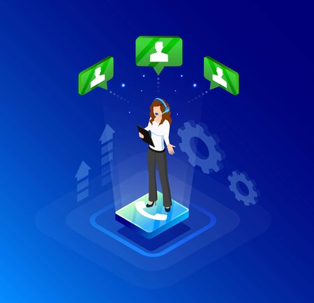 Vector  isometric Illustration. Concept of template. Online web client assistance.Graphic design customer support. Delivery, logistics, virtual assistance. Working day schedule, mode.のイラスト素材