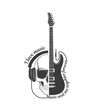 Vector of rock music. Electric guitar and skull. Concept graphic design of emblem, element, template, symbol, label, sign, poster or print for t-shirt.のイラスト素材