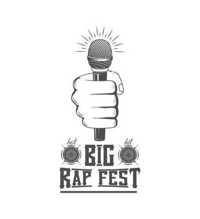Vector. Rap festival Rap Battle A hand is holding a microphone. Emblem, symbol, element. Musical performance.のイラスト素材