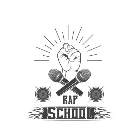 Vector. School rap. Microphone, hand and speaker. Musical, training, vocals, training. Emblem, symbol, element. Musical education.のイラスト素材