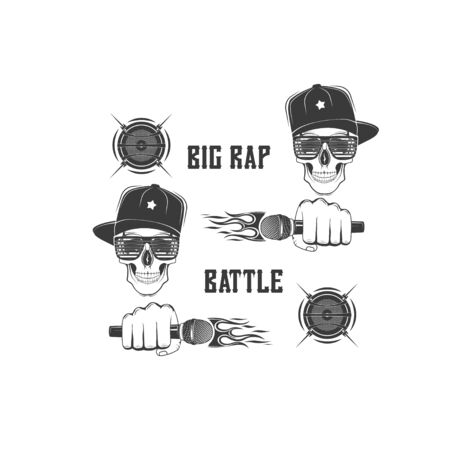Vector. Rap festival Rap Battle Skull in a cap, a microphone. Emblem, symbol, element. Musical performance.のイラスト素材