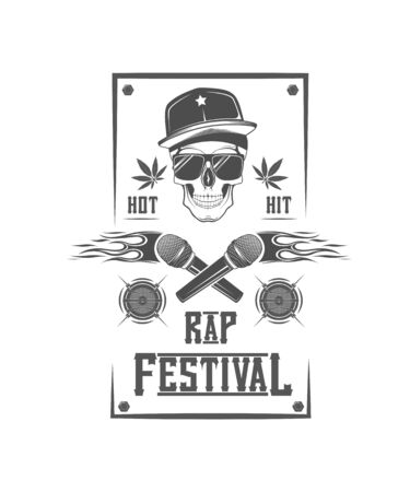 Vector. Rap festival Rap Battle Skull in a cap, a microphone. Emblem, symbol, element. Musical performance.のイラスト素材