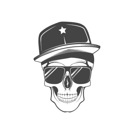 Vector graphic  concept. The human skull in a rapper cap. Symbol emblem, element, print.のイラスト素材