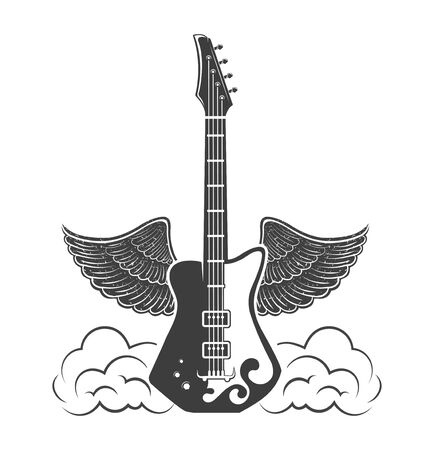 Vector  concept. Graphic design of guitar with wings. Musical rock instrument. Emblem, element, template, symbol, label, sign.のイラスト素材